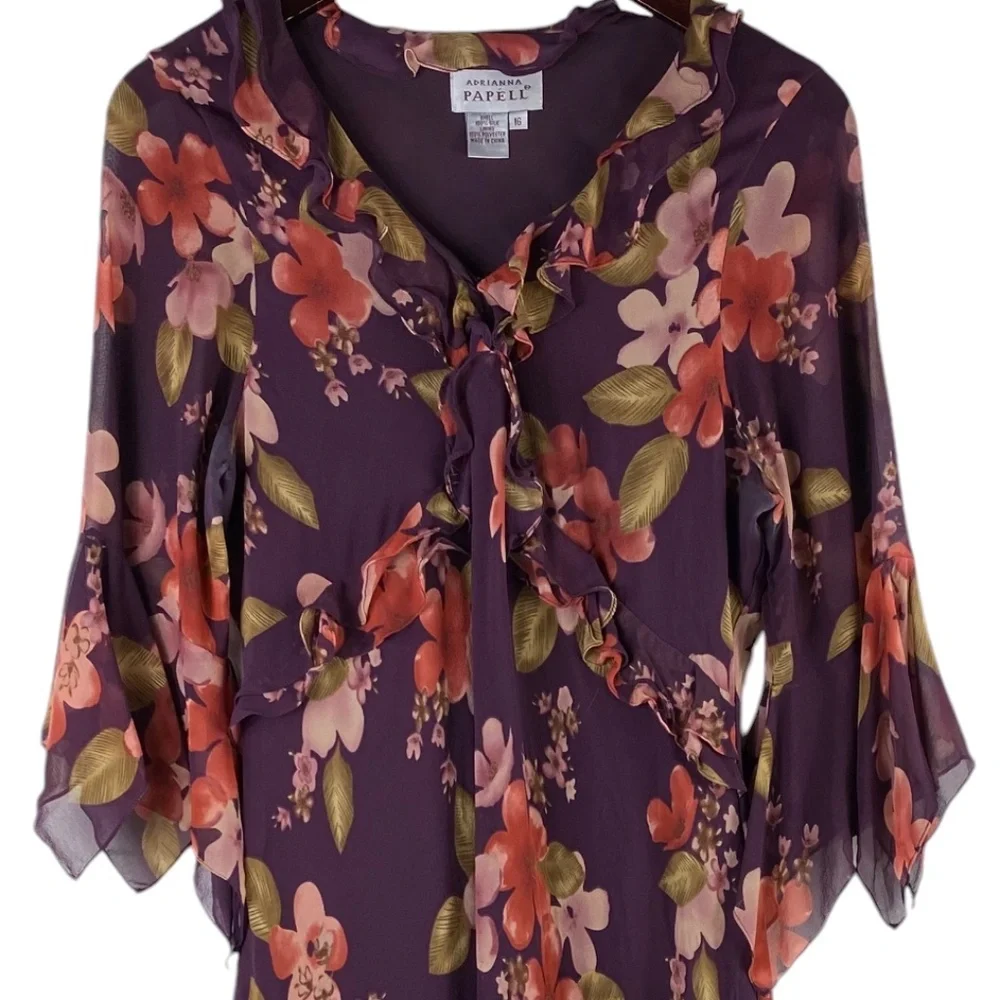 Adrianna Papell Sz 16 XL Midi Dress Floral 100% SILK Maroon Party Holiday - Picture 2 of 5